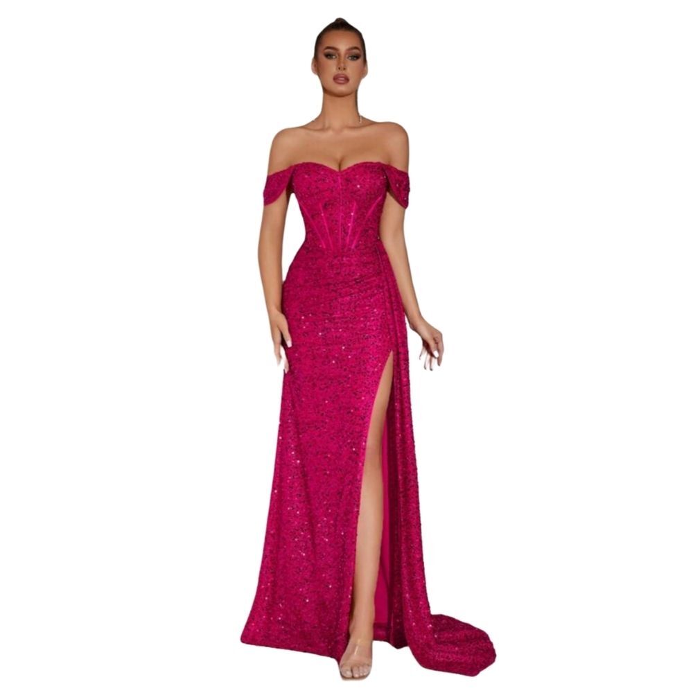 Adyce Womens Hot Pink Sweetheart Sequin Slit Backless Formal Gown Dress Small